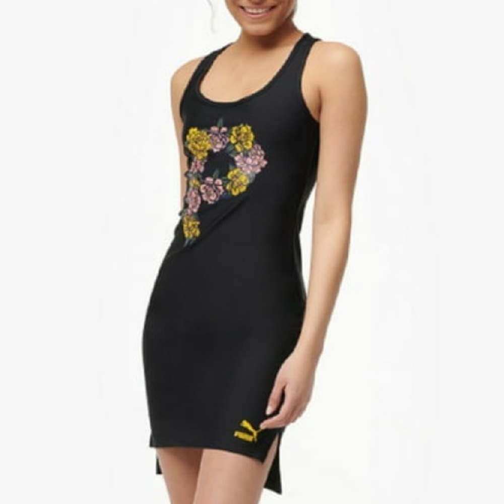 Puma Florish XTG Bodycon Athletic Tank Dress Black Floral Graphic Streetwear Sm